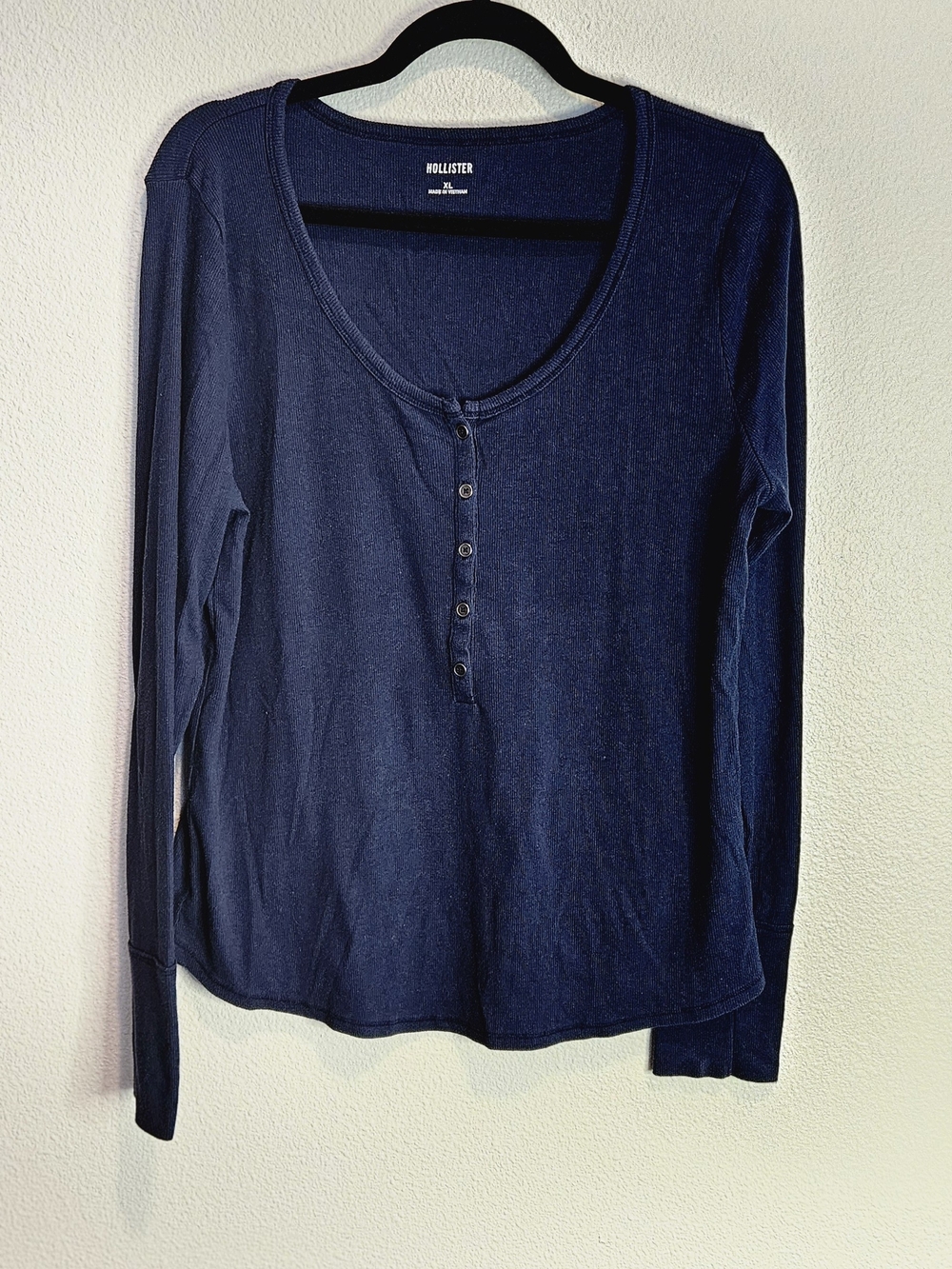Hollister Navy Blue Ribbed Knit Long Sleeve Henley Top XL